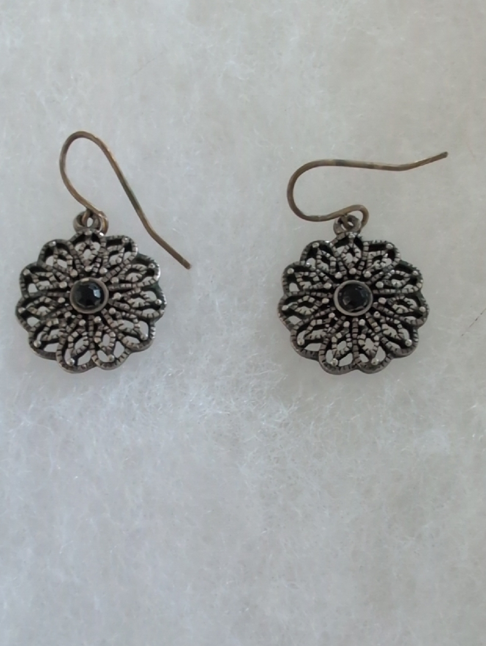 Vintage Marcasite Floral Filigree Dangle Earrings - Antiqued Estate Style